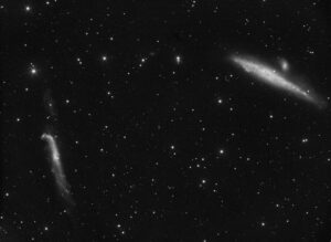 La galaxie de la Baleine surmontée d'une petite galaxie satellite (le Baleineau) en haut à droite, et la galaxie fortement déformée en forme de crosse de hockey apparaît en bas à gauche.
